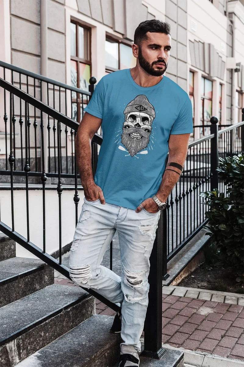 Herren T-Shirt Captain Skull Beard Totenkopf Bart Kapitän Slim Fit