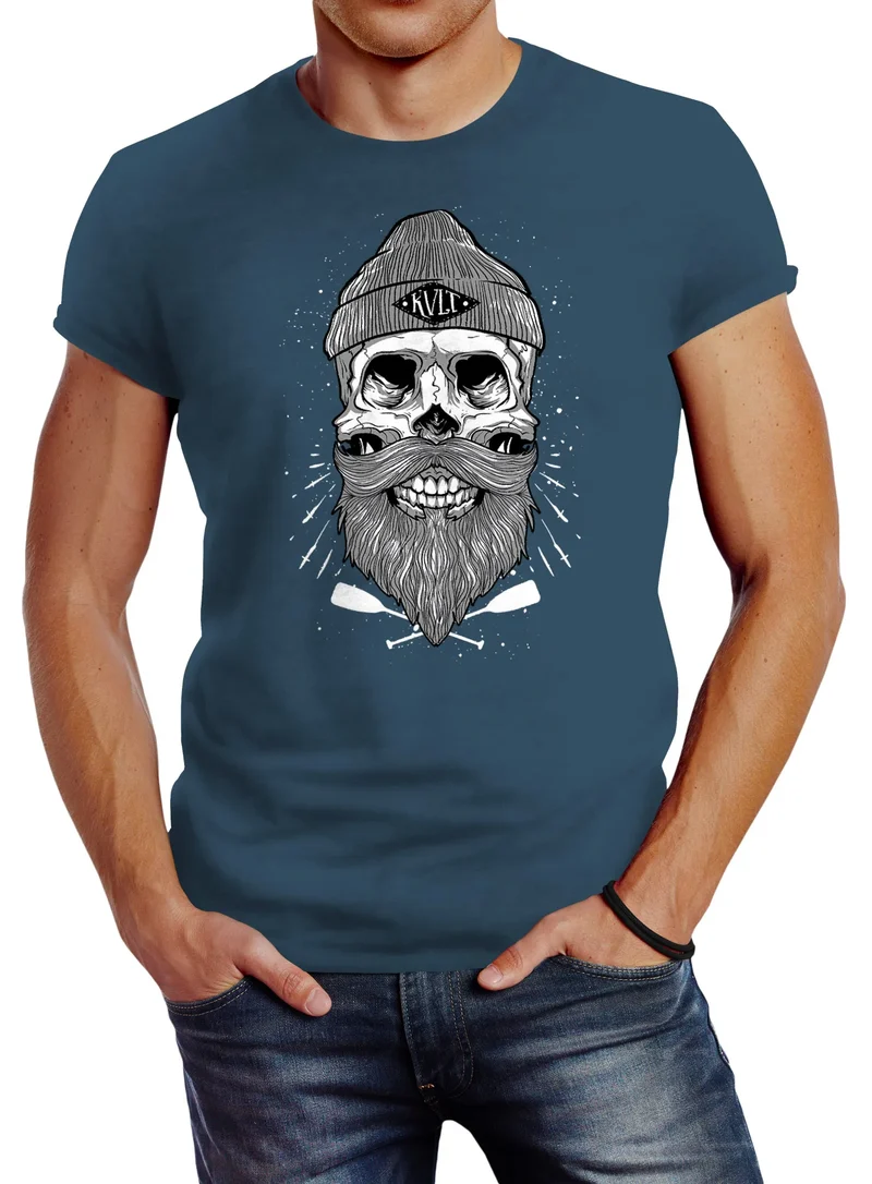 Herren T-Shirt Captain Skull Beard Totenkopf Bart Kapitän Slim Fit