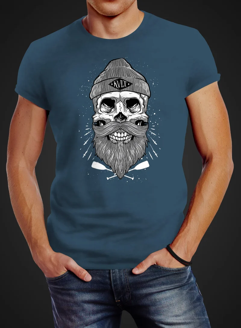 Herren T-Shirt Captain Skull Beard Totenkopf Bart Kapitän Slim Fit