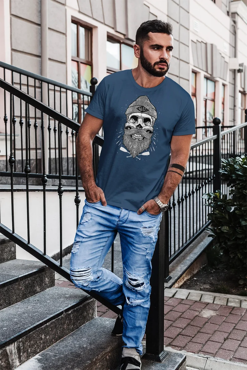 Herren T-Shirt Captain Skull Beard Totenkopf Bart Kapitän Slim Fit
