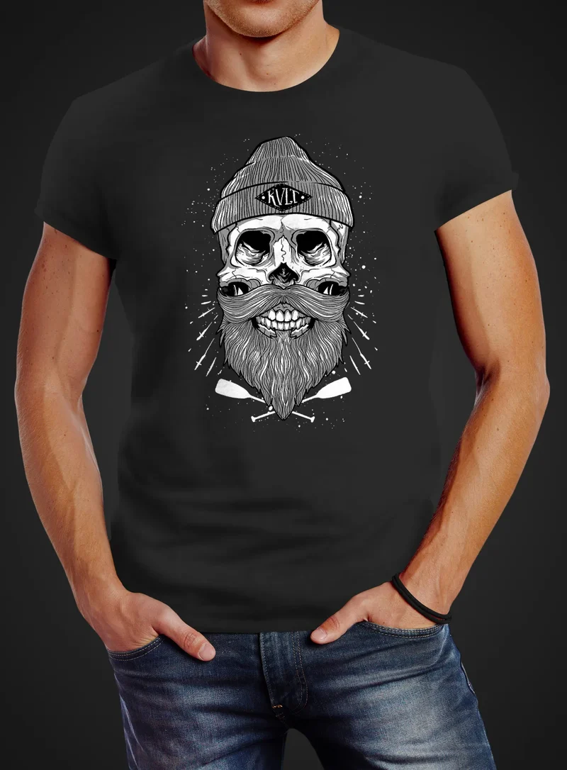 Herren T-Shirt Captain Skull Beard Totenkopf Bart Kapitän Slim Fit