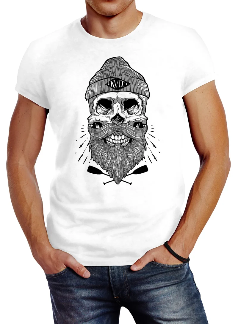 Herren T-Shirt Captain Skull Beard Totenkopf Bart Kapitän Slim Fit