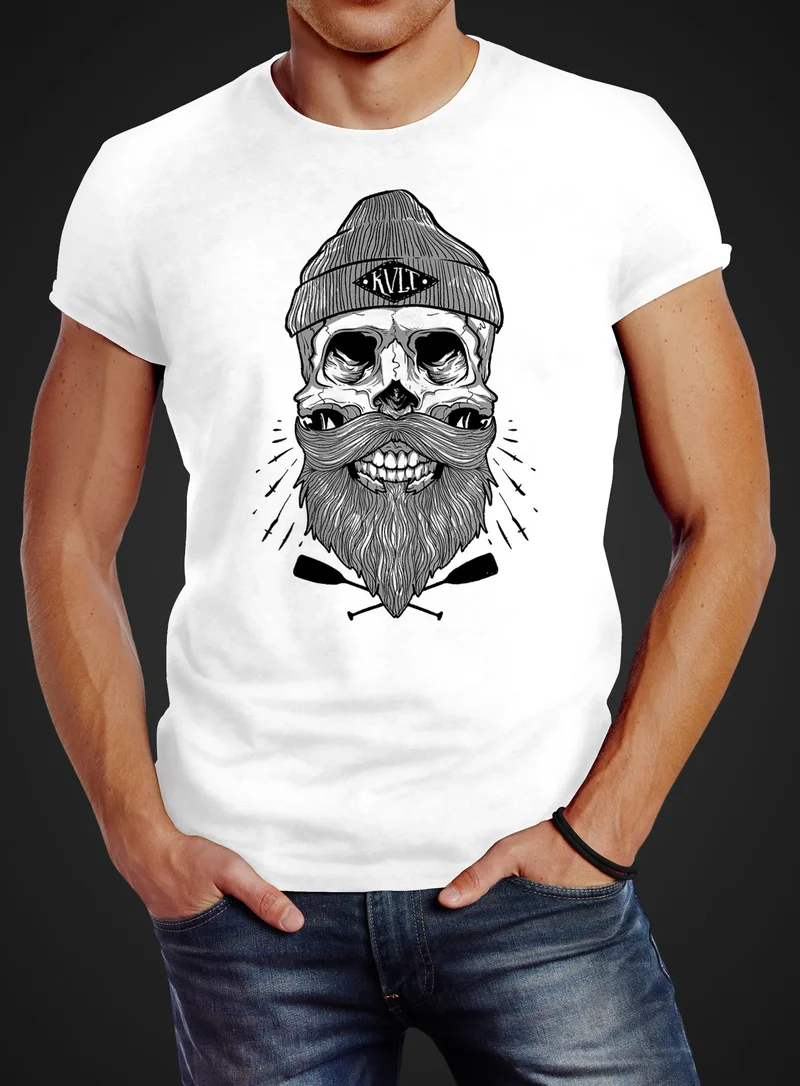 Herren T-Shirt Captain Skull Beard Totenkopf Bart Kapitän Slim Fit