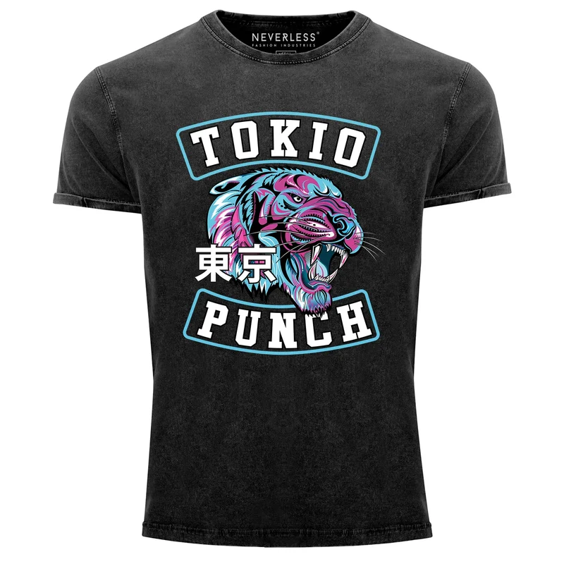 Herren T-Shirt Vintage Shirt Printshirt Tokio Punch Schriftzug Tigerkopf Print Tattoo Style Used Look Slim Fit
