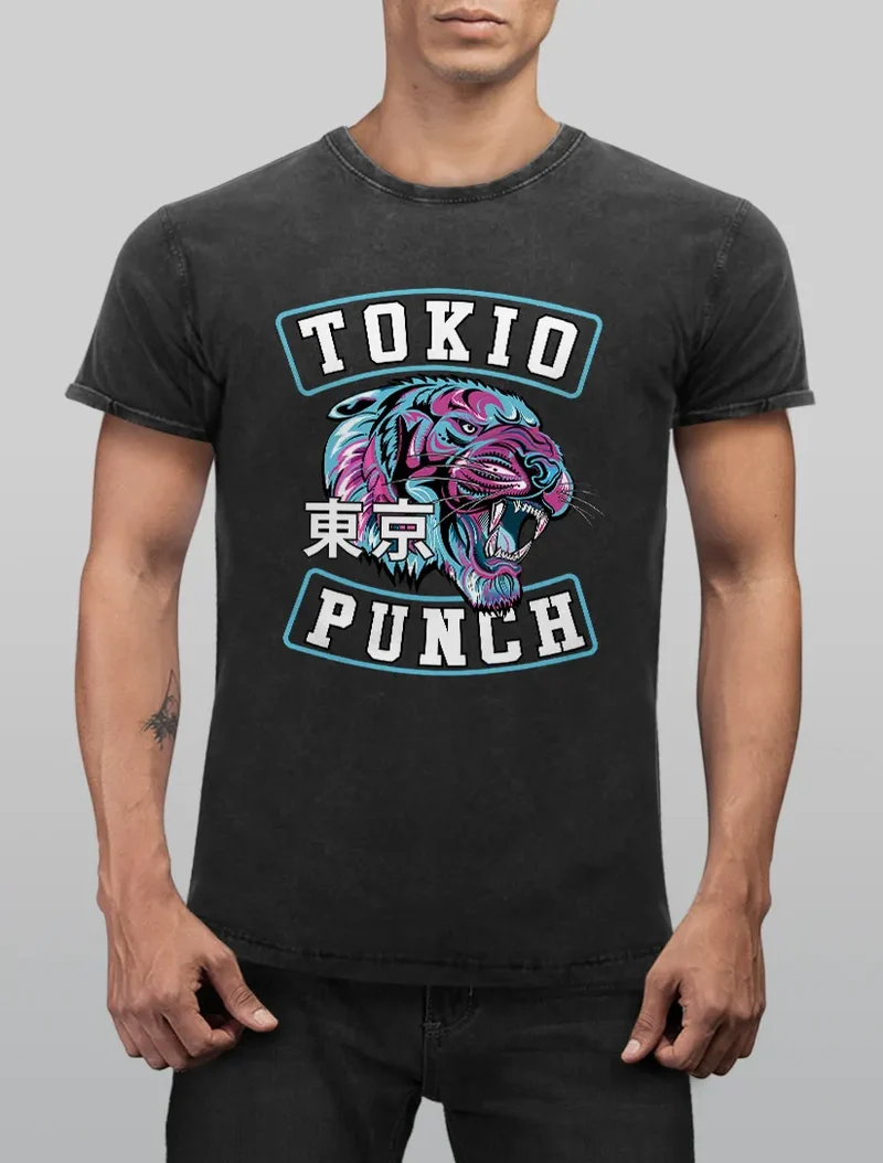 Herren T-Shirt Vintage Shirt Printshirt Tokio Punch Schriftzug Tigerkopf Print Tattoo Style Used Look Slim Fit
