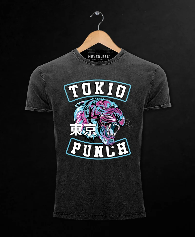 Herren T-Shirt Vintage Shirt Printshirt Tokio Punch Schriftzug Tigerkopf Print Tattoo Style Used Look Slim Fit