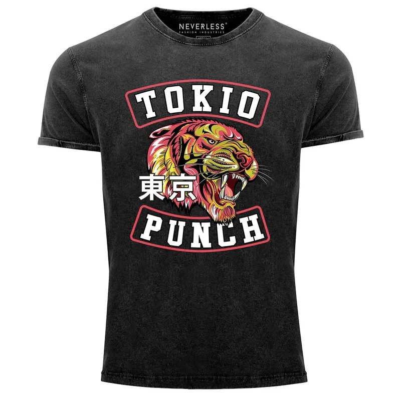 Herren T-Shirt Vintage Shirt Printshirt Tokio Punch Schriftzug Tigerkopf Print Tattoo Style Used Look Slim Fit