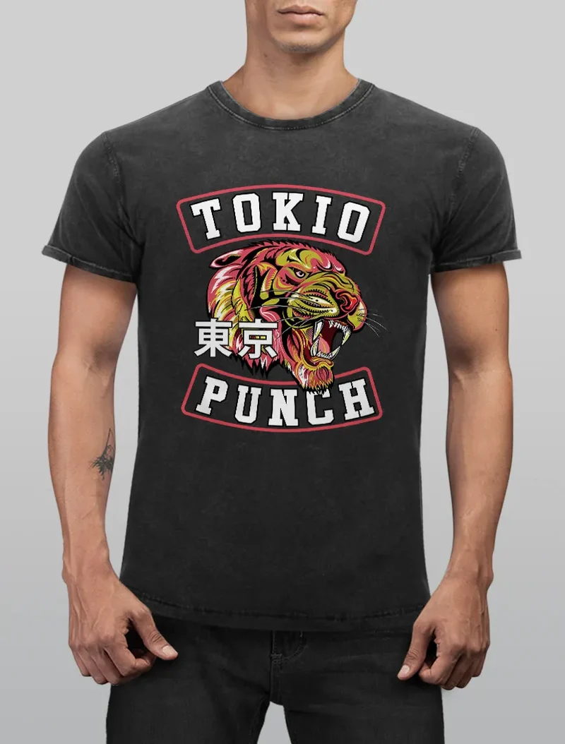 Herren T-Shirt Vintage Shirt Printshirt Tokio Punch Schriftzug Tigerkopf Print Tattoo Style Used Look Slim Fit