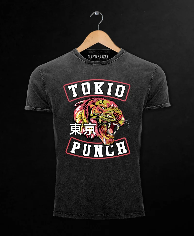 Herren T-Shirt Vintage Shirt Printshirt Tokio Punch Schriftzug Tigerkopf Print Tattoo Style Used Look Slim Fit