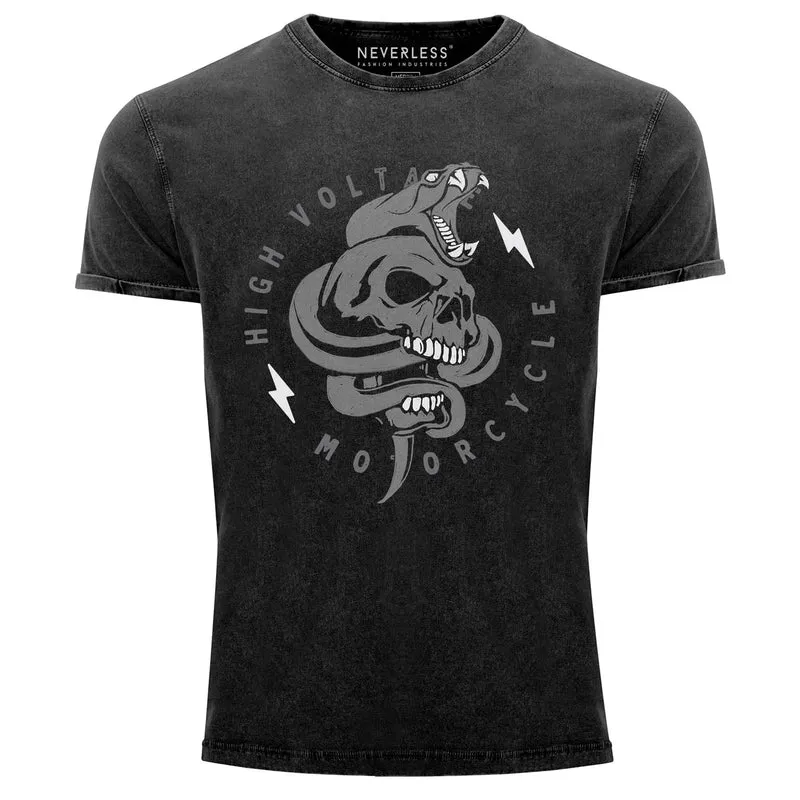 Herren T-Shirt Totenkopf Print Kobra Motiv High Voltage Motorcycle Schriftzug Rocker Biker Racing Design Used Look Slim Fit
