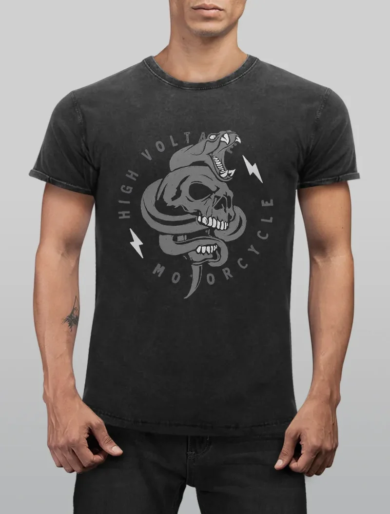 Herren T-Shirt Totenkopf Print Kobra Motiv High Voltage Motorcycle Schriftzug Rocker Biker Racing Design Used Look Slim Fit