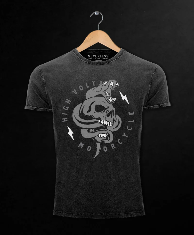 Herren T-Shirt Totenkopf Print Kobra Motiv High Voltage Motorcycle Schriftzug Rocker Biker Racing Design Used Look Slim Fit