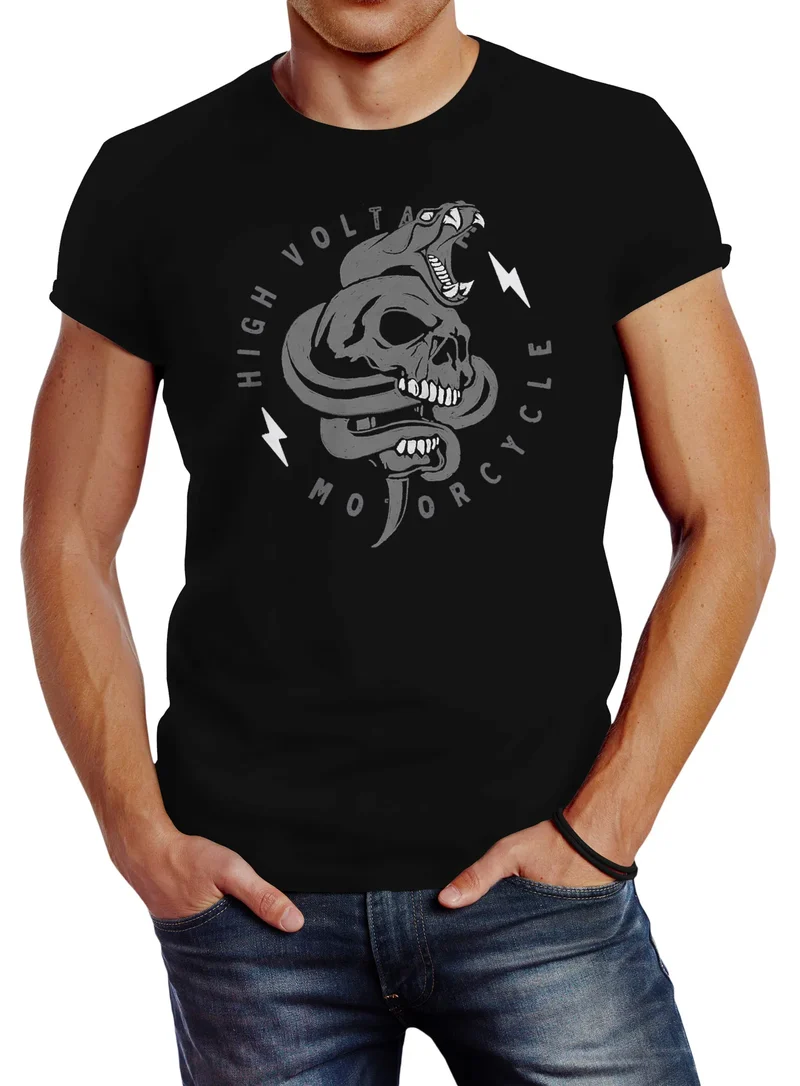 Herren T-Shirt Totenkopf Print Kobra Motiv High Voltage Motorcycle Schriftzug Rocker Biker Racing Design Slim Fit