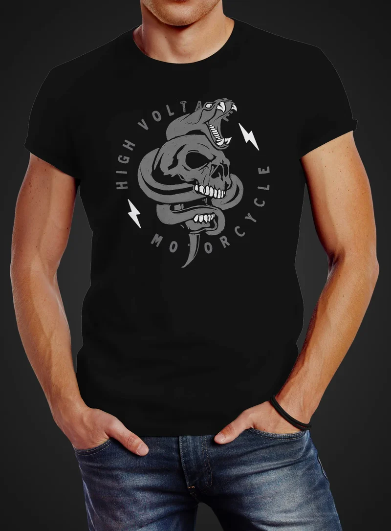 Herren T-Shirt Totenkopf Print Kobra Motiv High Voltage Motorcycle Schriftzug Rocker Biker Racing Design Slim Fit