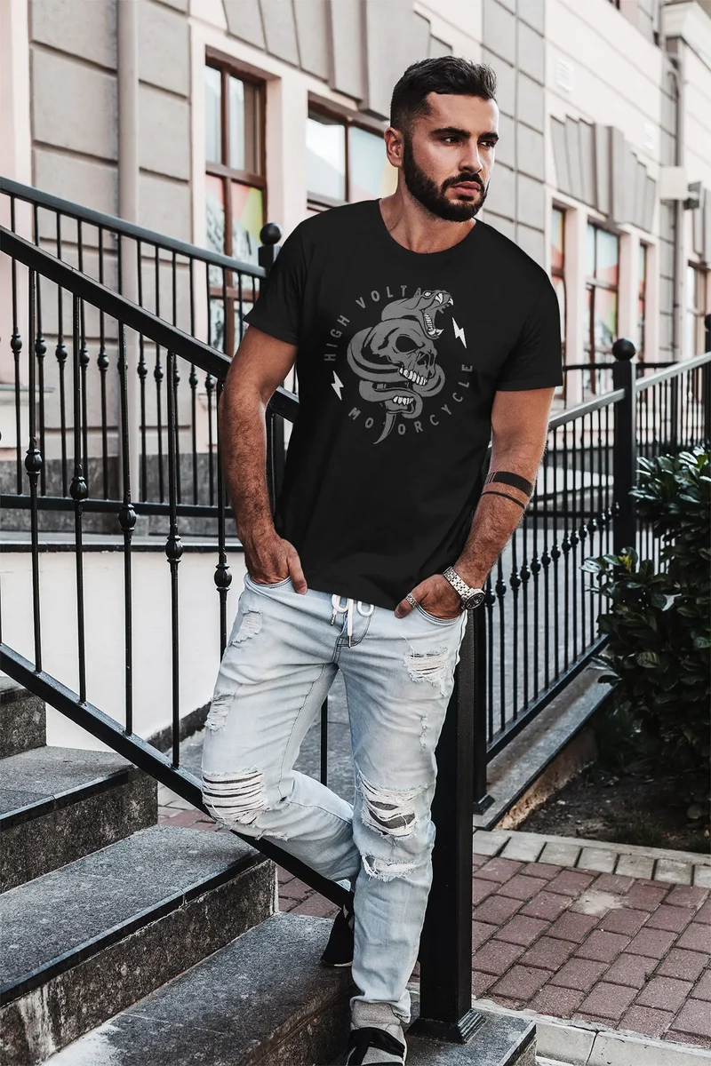 Herren T-Shirt Totenkopf Print Kobra Motiv High Voltage Motorcycle Schriftzug Rocker Biker Racing Design Slim Fit
