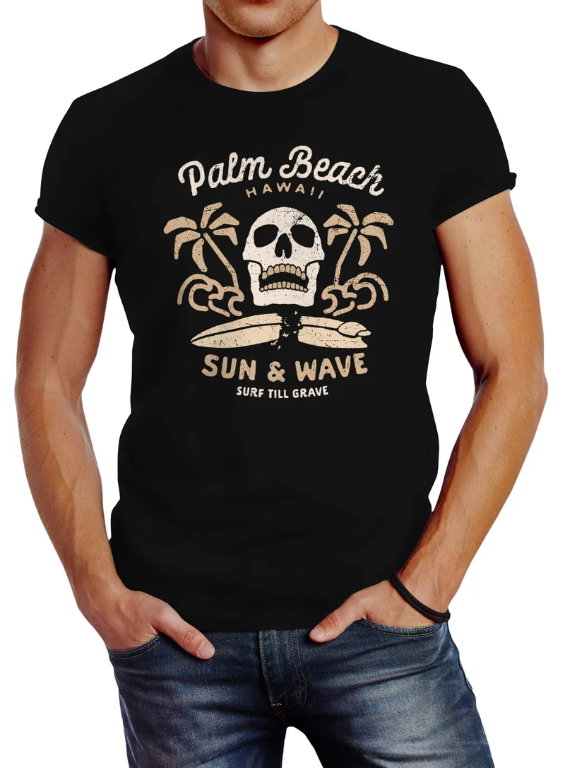 Herren T-Shirt Surf-Motiv Totenkopf Palm Beach