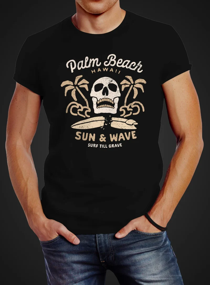 Herren T-Shirt Surf-Motiv Totenkopf Palm Beach