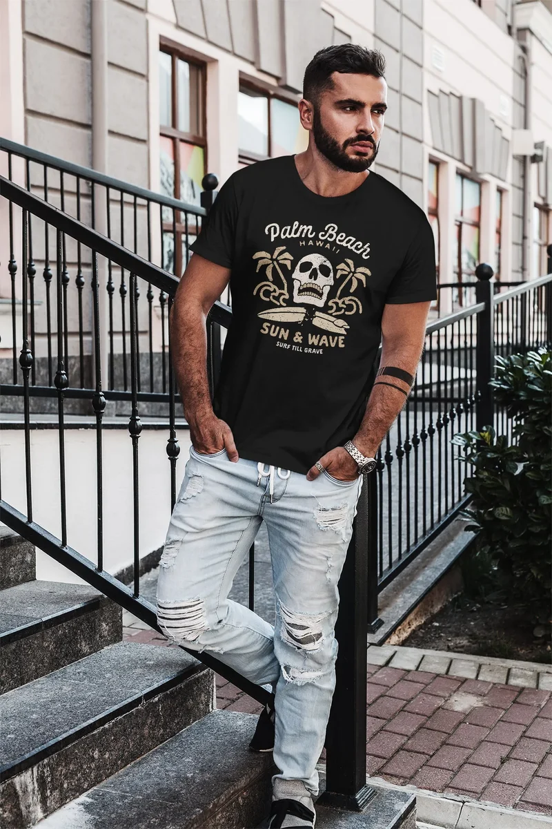 Herren T-Shirt Surf-Motiv Totenkopf Palm Beach