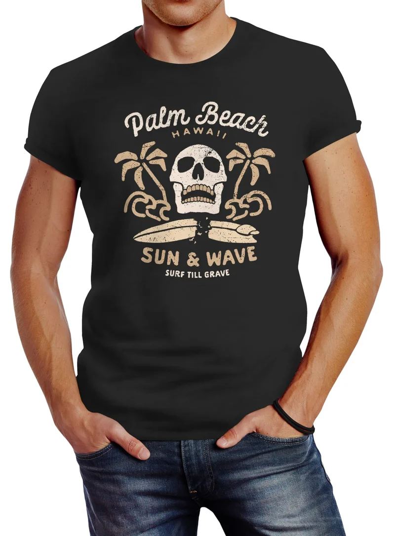 Herren T-Shirt Surf-Motiv Totenkopf Palm Beach