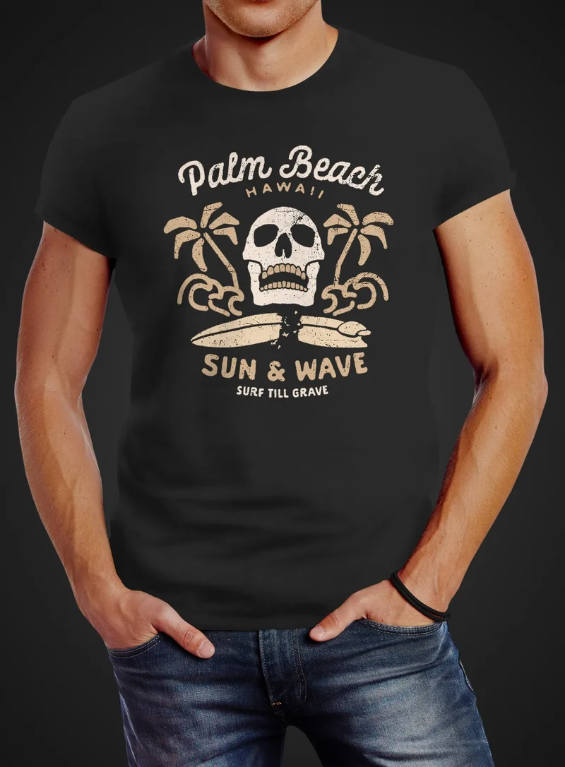 Herren T-Shirt Surf-Motiv Totenkopf Palm Beach