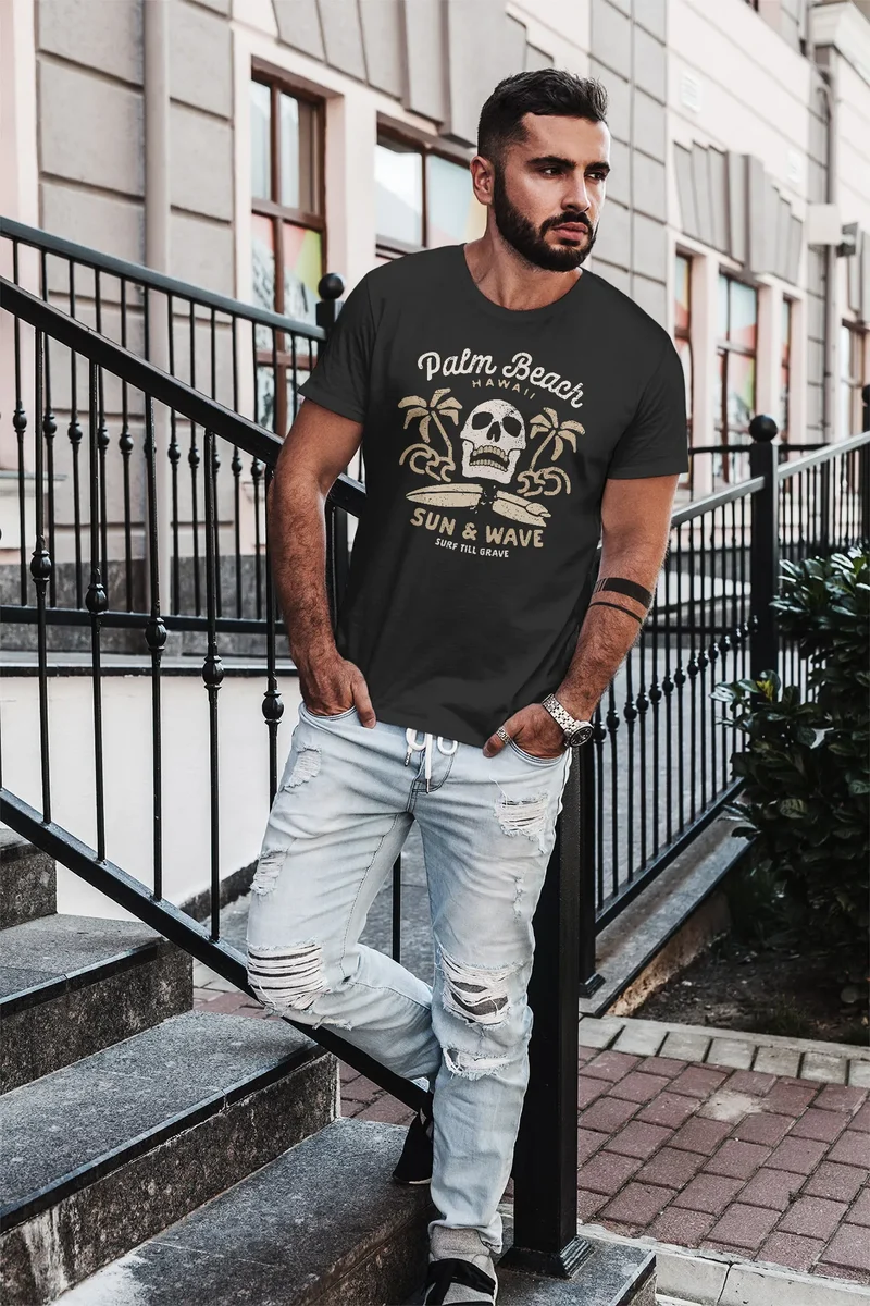 Herren T-Shirt Surf-Motiv Totenkopf Palm Beach