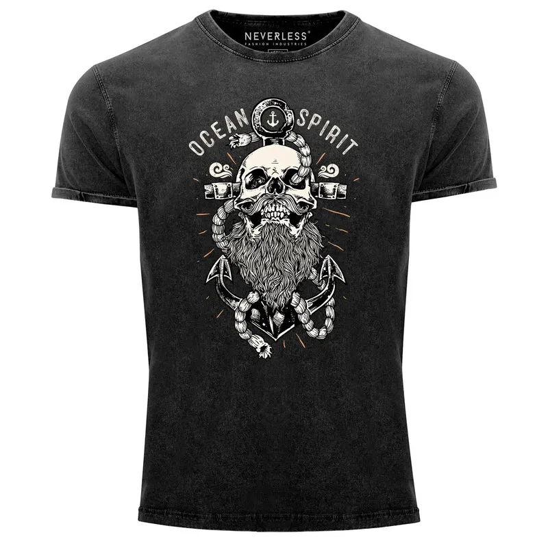Herren T-Shirt Vintage Shirt Printshirt Skull Captain Anker Totenkopf Bart Kapitän Ocean Spirit Aufdruck Used Look Slim Fit