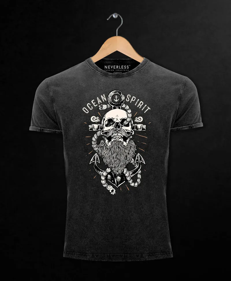 Herren T-Shirt Vintage Shirt Printshirt Skull Captain Anker Totenkopf Bart Kapitän Ocean Spirit Aufdruck Used Look Slim Fit