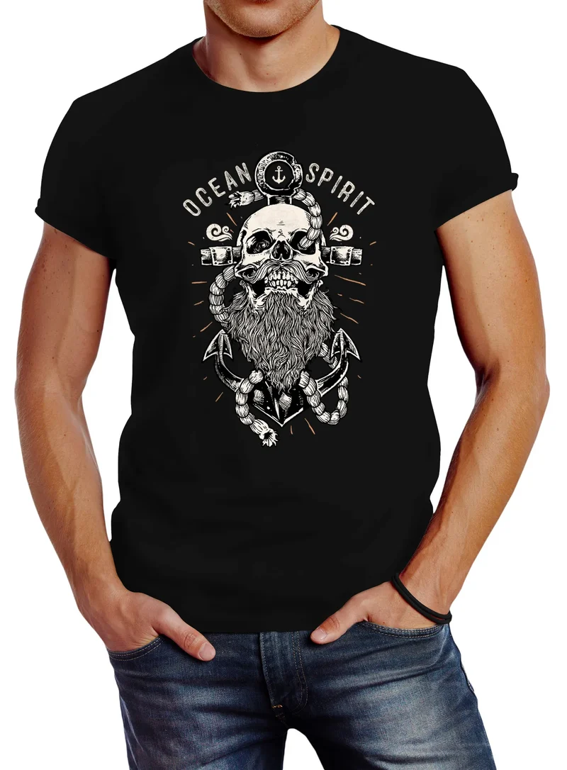 Herren T-Shirt Skull Captain Anker Totenkopf Bart Kapitän Ocean Spirit Slim Fit