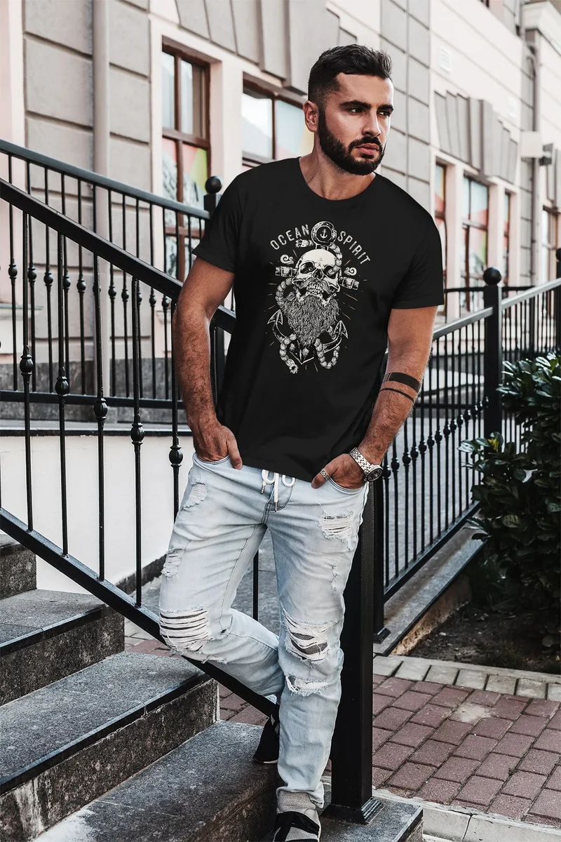 Herren T-Shirt Skull Captain Anker Totenkopf Bart Kapitän Ocean Spirit Slim Fit