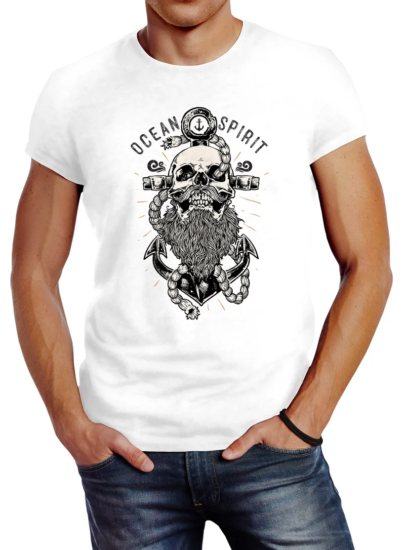 Herren T-Shirt Skull Captain Anker Totenkopf Bart Kapitän Ocean Spirit Slim Fit