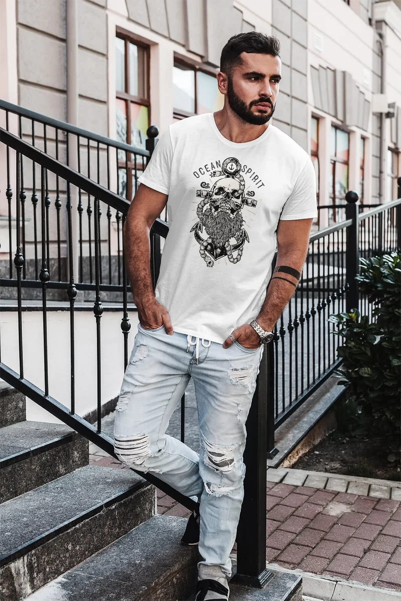 Herren T-Shirt Skull Captain Anker Totenkopf Bart Kapitän Ocean Spirit Slim Fit
