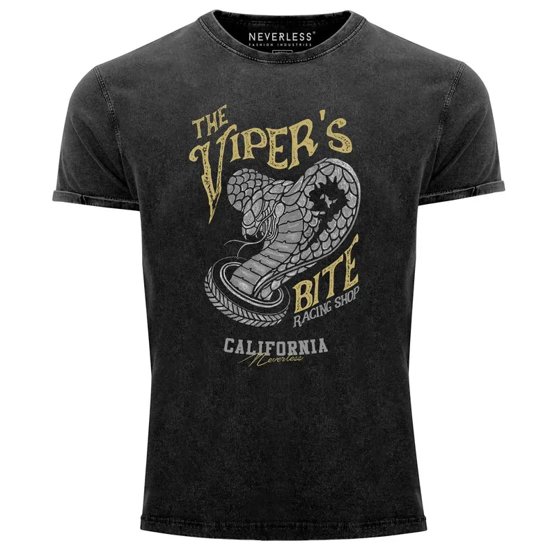 Herren T-Shirt Vintage Shirt Printshirt The Vipers Bite Racing Shop California Klapperschlange Tattoo Style Used Look Slim Fit