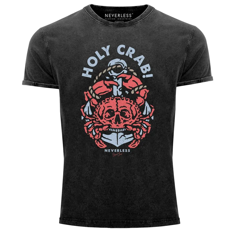 Herren T-Shirt Vintage Shirt Printshirt Skull Crab Anker maritimes Motiv witzig Aufdruck Used Look Slim Fit