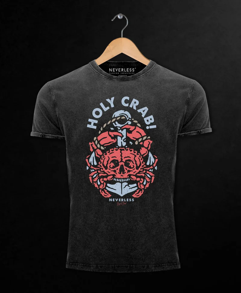 Herren T-Shirt Vintage Shirt Printshirt Skull Crab Anker maritimes Motiv witzig Aufdruck Used Look Slim Fit