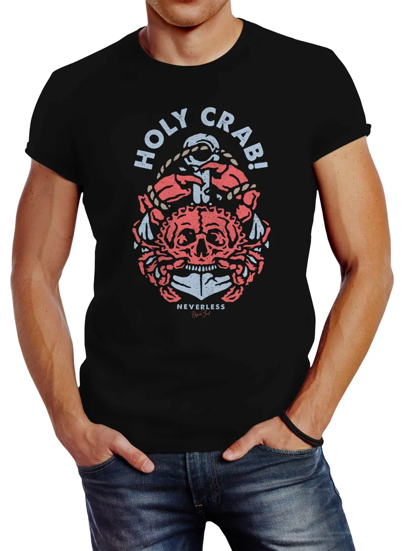 Herren T-Shirt Anker Motiv Skull Crab maritimes Motiv witzig Slim Fit
