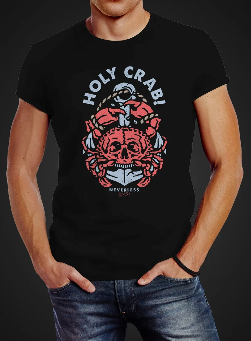 Herren T-Shirt Anker Motiv Skull Crab maritimes Motiv witzig Slim Fit