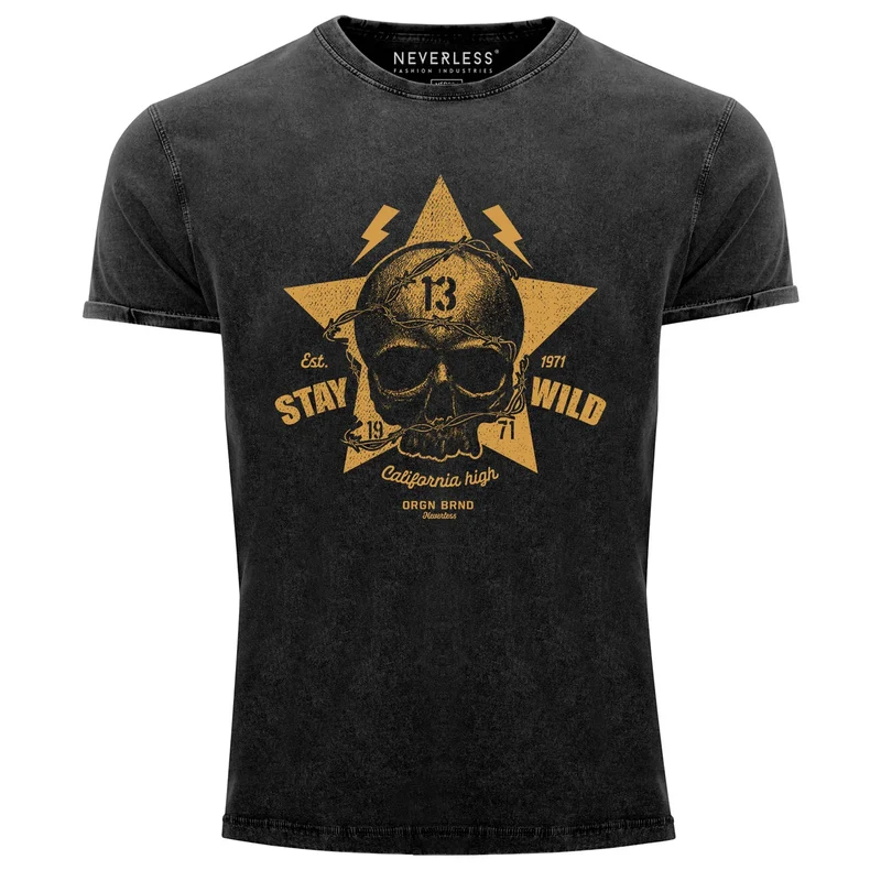 Herren T-Shirt Totenkopf Vintage Tattoo Shirt Stay Wild Skull Print Used Look Slim Fit