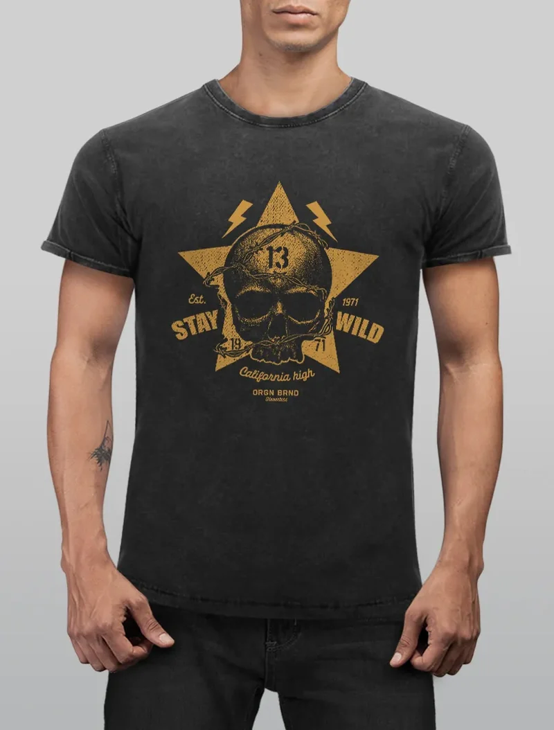 Herren T-Shirt Totenkopf Vintage Tattoo Shirt Stay Wild Skull Print Used Look Slim Fit