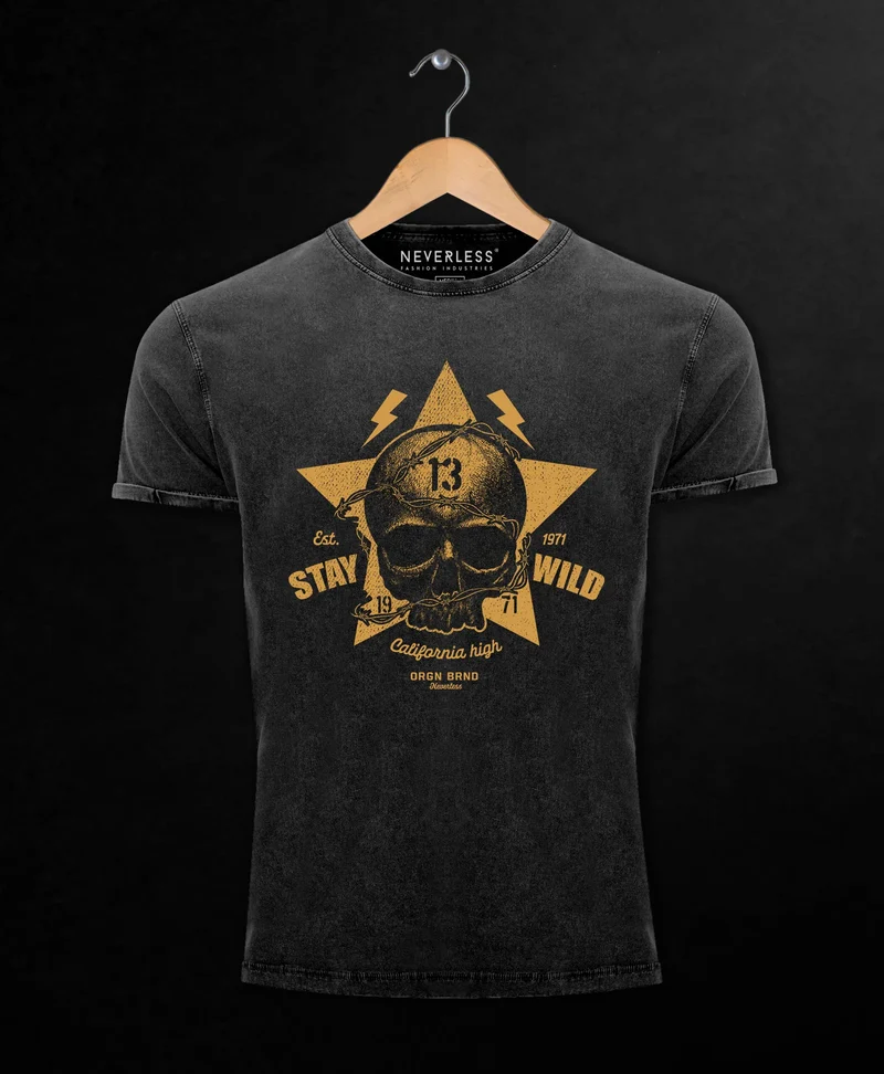 Herren T-Shirt Totenkopf Vintage Tattoo Shirt Stay Wild Skull Print Used Look Slim Fit