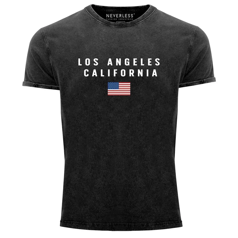 Herren Vintage Shirt Bedruckt Schriftzug California Los Angeles USA Amerika Flagge Printshirt Used Look