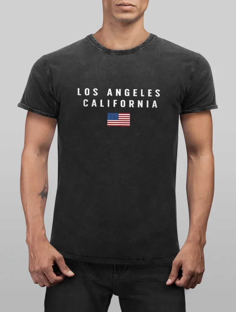 Herren Vintage Shirt Bedruckt Schriftzug California Los Angeles USA Amerika Flagge Printshirt Used Look