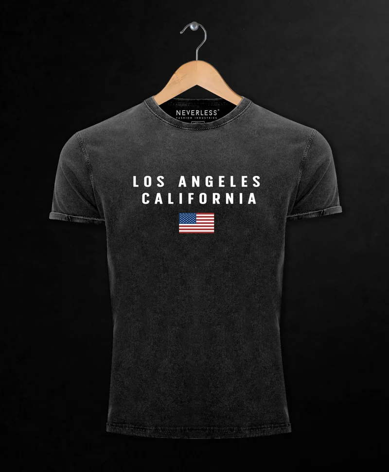 Herren Vintage Shirt Bedruckt Schriftzug California Los Angeles USA Amerika Flagge Printshirt Used Look