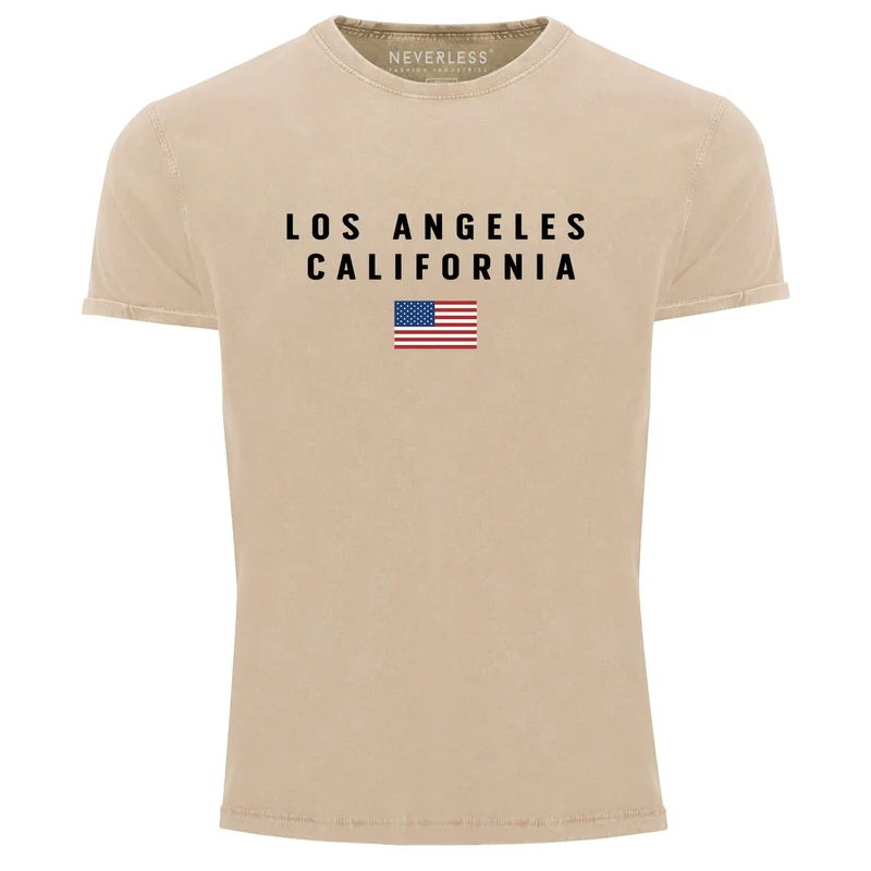 Herren Vintage Shirt Bedruckt Schriftzug California Los Angeles USA Amerika Flagge Printshirt Used Look