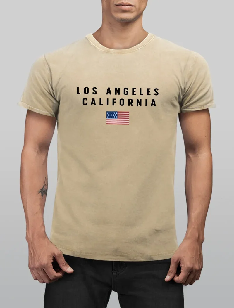 Herren Vintage Shirt Bedruckt Schriftzug California Los Angeles USA Amerika Flagge Printshirt Used Look