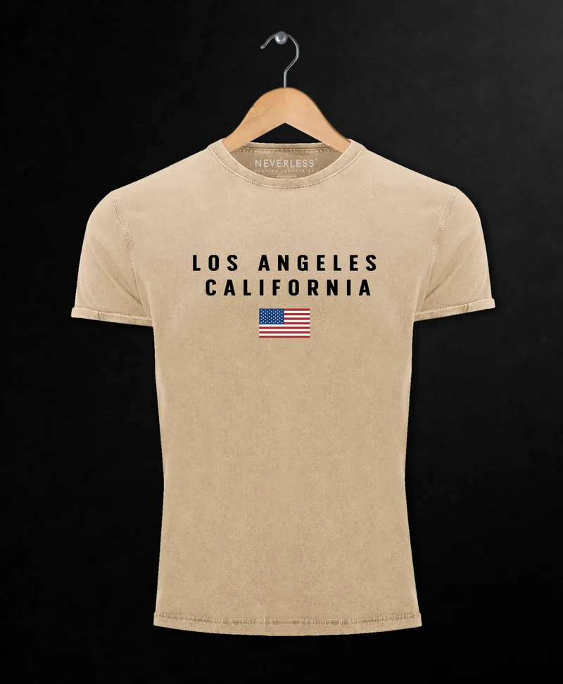 Herren Vintage Shirt Bedruckt Schriftzug California Los Angeles USA Amerika Flagge Printshirt Used Look