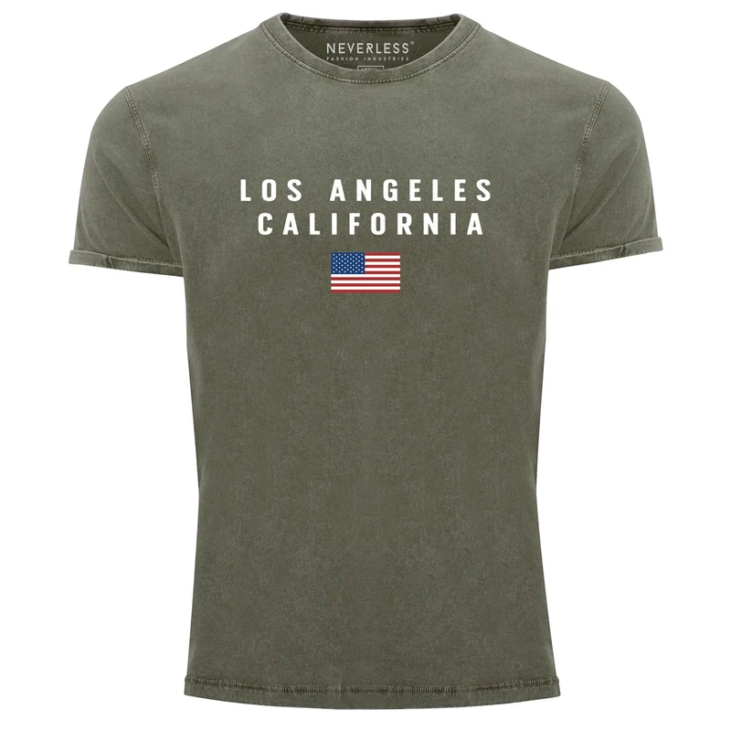Herren Vintage Shirt Bedruckt Schriftzug California Los Angeles USA Amerika Flagge Printshirt Used Look