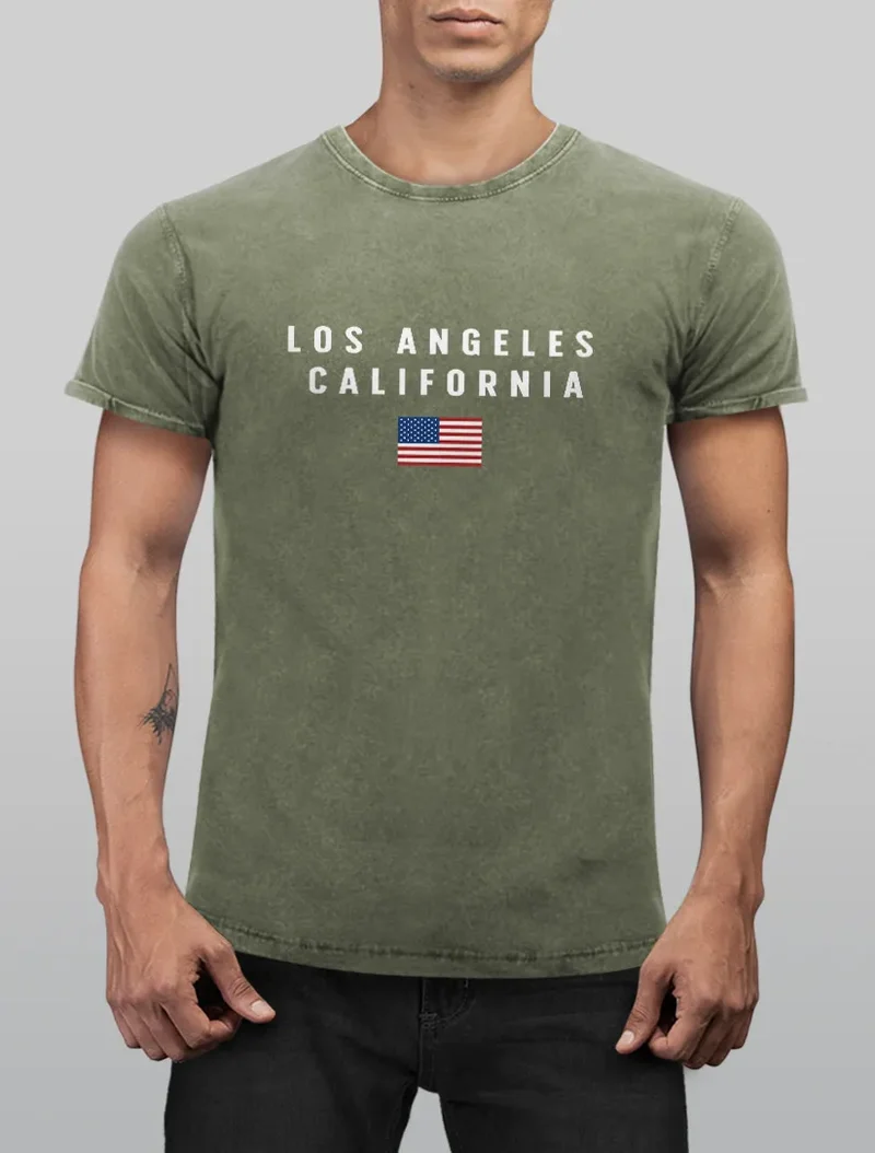 Herren Vintage Shirt Bedruckt Schriftzug California Los Angeles USA Amerika Flagge Printshirt Used Look