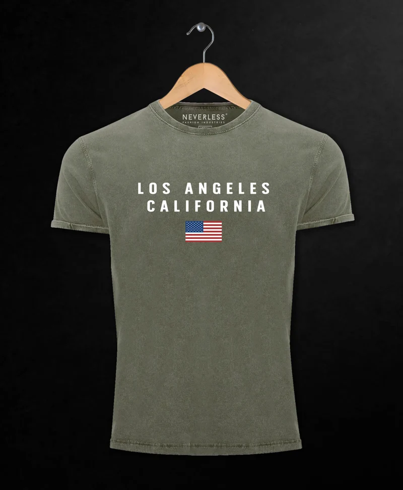 Herren Vintage Shirt Bedruckt Schriftzug California Los Angeles USA Amerika Flagge Printshirt Used Look