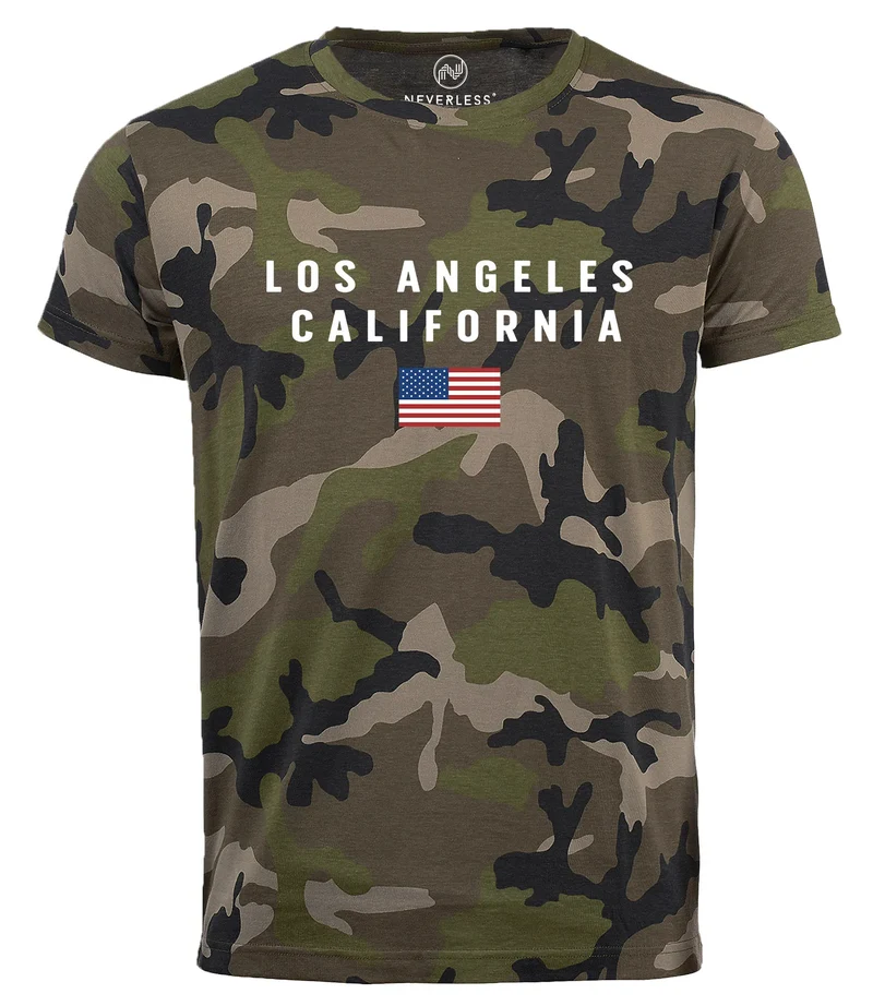 Herren Camo-Shirt Bedruckt Schriftzug California Los Angeles USA Amerika Flagge Camouflage Tarnmuster