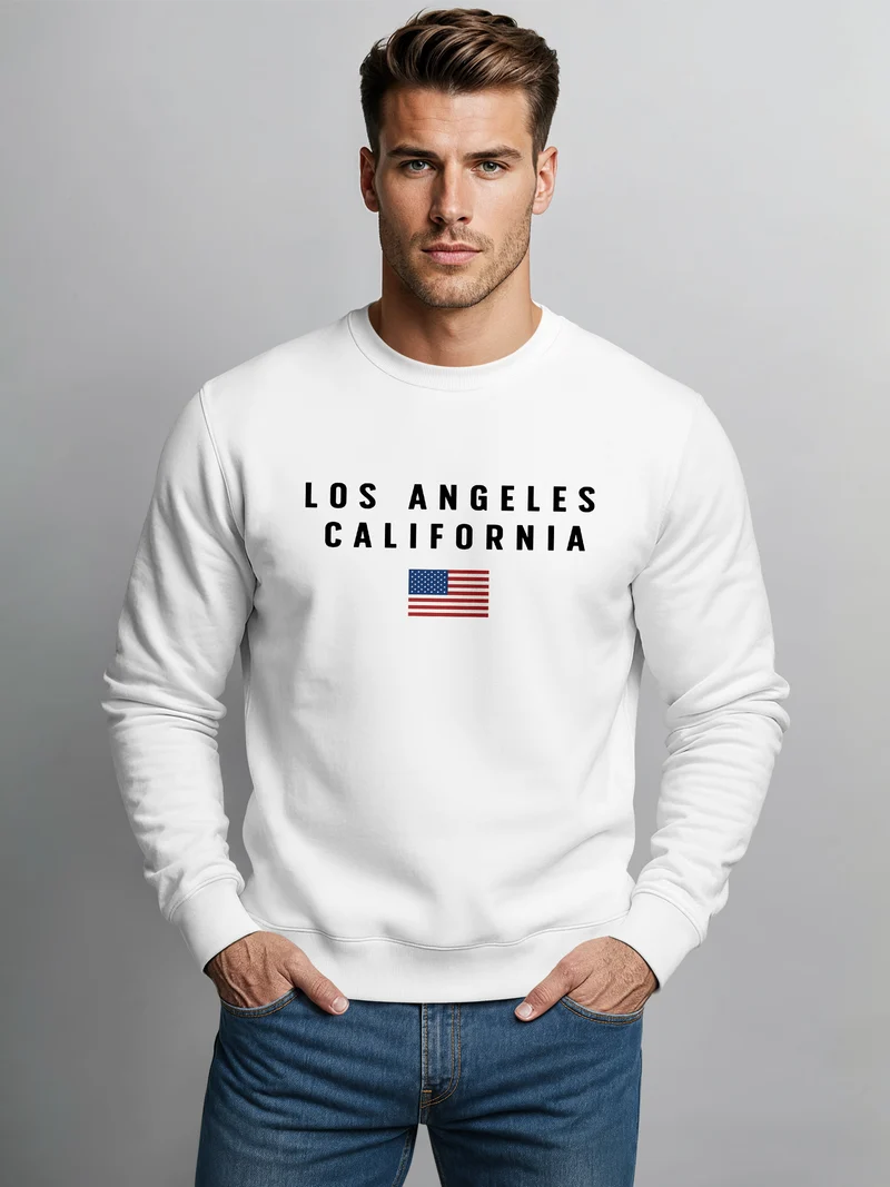 Sweatshirt Herren Bedruckt Schriftzug California Los Angeles USA Amerika Flagge Rundhals-Pullover